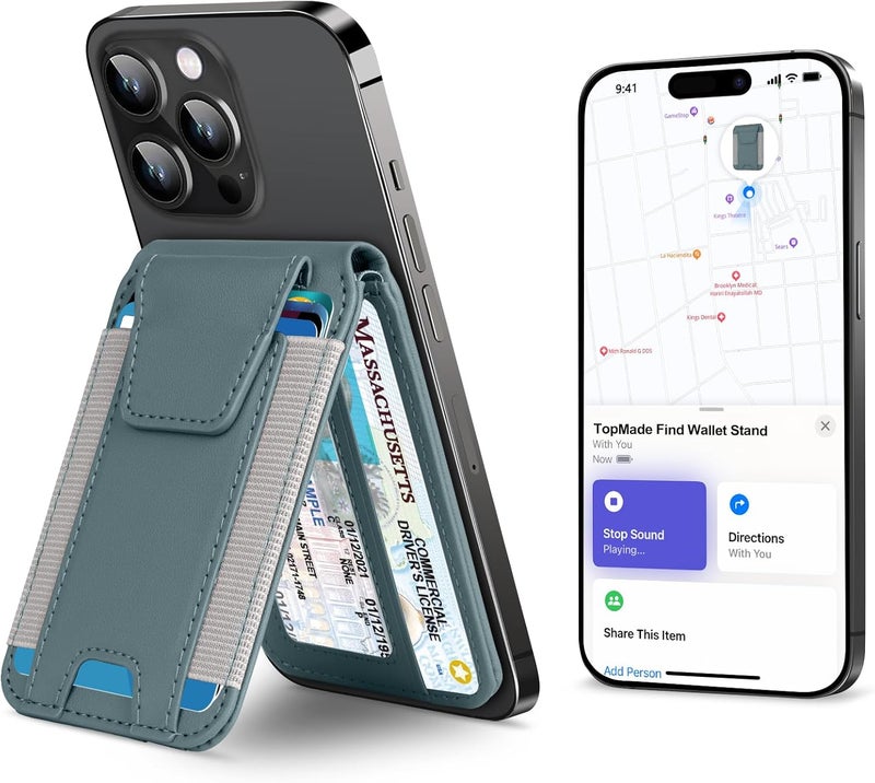 TopMade for Magsafe Wallet, Works with Apple Find My, Strongest Magnetic Wallet for iPhone 16/15/14/13/12 Series, Mganetic Card Holder with Adjustable Stand, 9 Cards Holder, Gray - Image 1